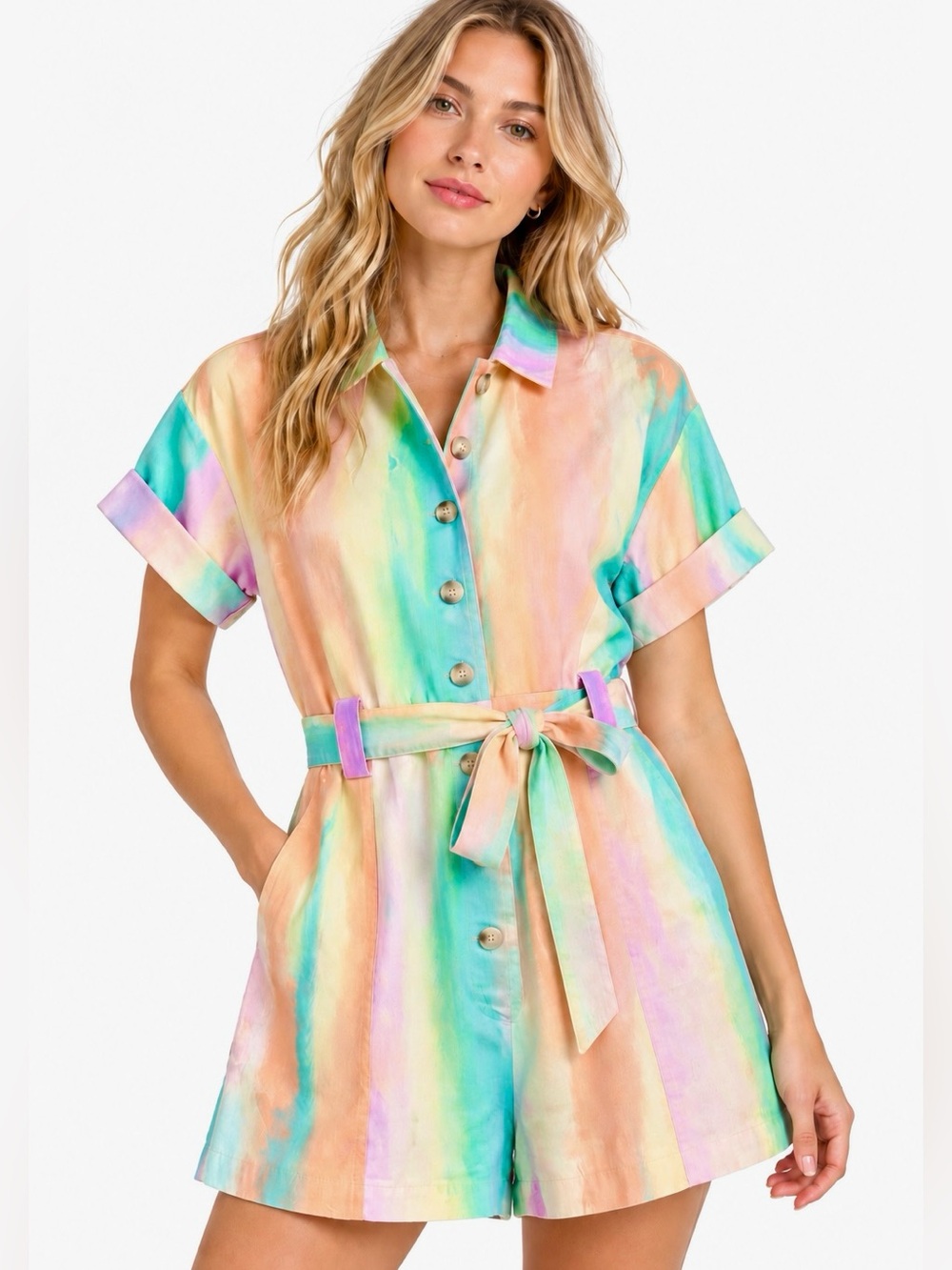 Current Air Pastel Watercolor Belted Button Front Romper NWOT S